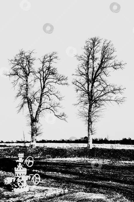 Скачать Черный силуэт нефтяного крана на фоне мертвых деревьев фотосток Ozero