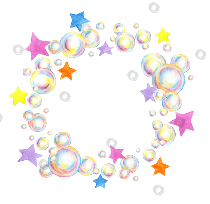 Скачать Мыльные пузыри и звезды в круглой рамке акварелью фотосток Ozero