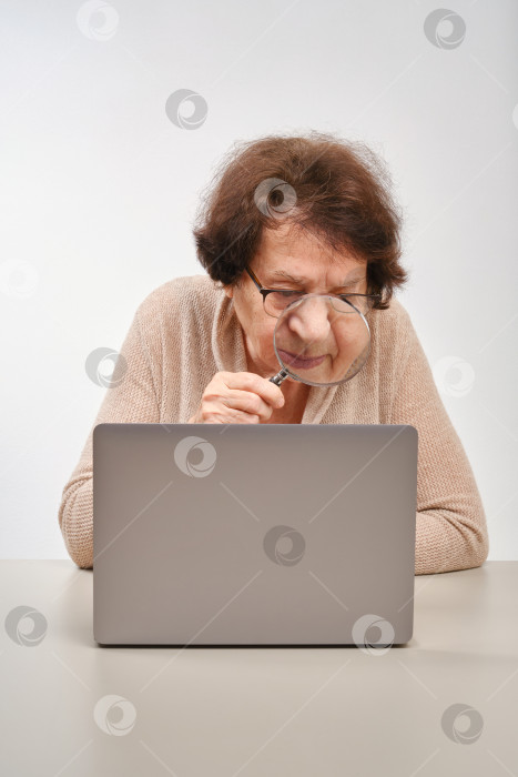 Скачать Пожилая женщина в очках рассматривает ноутбук через увеличительное стекло. фотосток Ozero