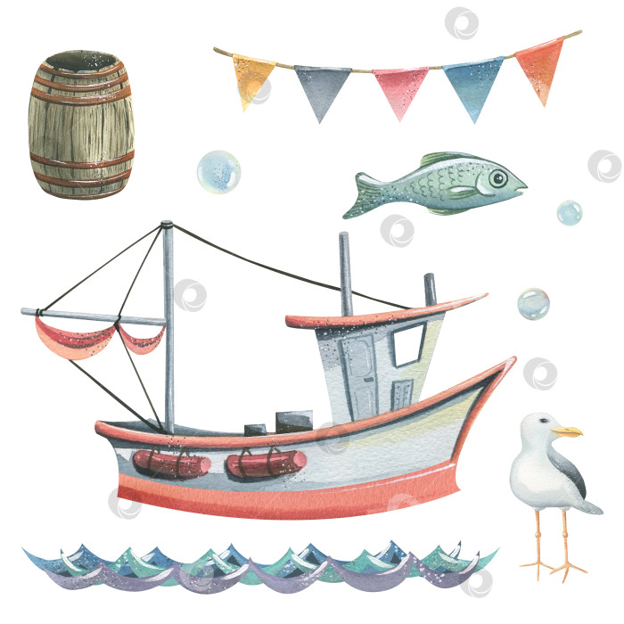 Скачать Рыбацкая лодка с мачтой, деревянной бочкой, рыбой, флагами, волнами, чайкой и пузырьками. Ручная акварельная иллюстрация на тему морской рыбалки. Набор элементов, выделяющихся на фоне. фотосток Ozero