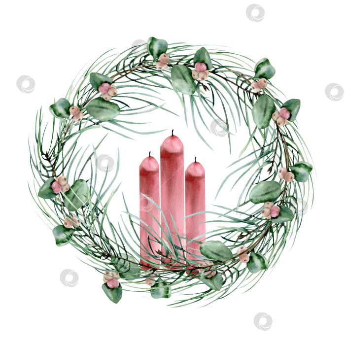 Скачать Традиционный зимний цветочный венок с сосновыми ветками и красными свечами, украшенный акварельной иллюстрацией.Рождественская рамка, нарисованная от руки, шаблон поздравительной открытки, приглашения, плакат, дизайн упаковки, домашний декор фотосток Ozero