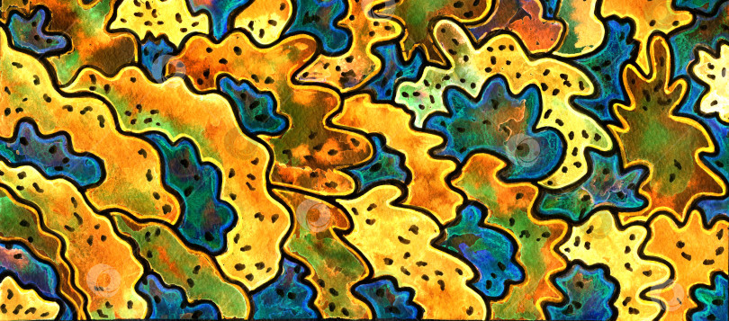 Скачать Фон заполняют волнистые синие и оранжевые светящиеся акварельные чешуйки, похожие на медуз. Абстрактная акварельная текстура в стиле гранж. Иллюстрация. фотосток Ozero