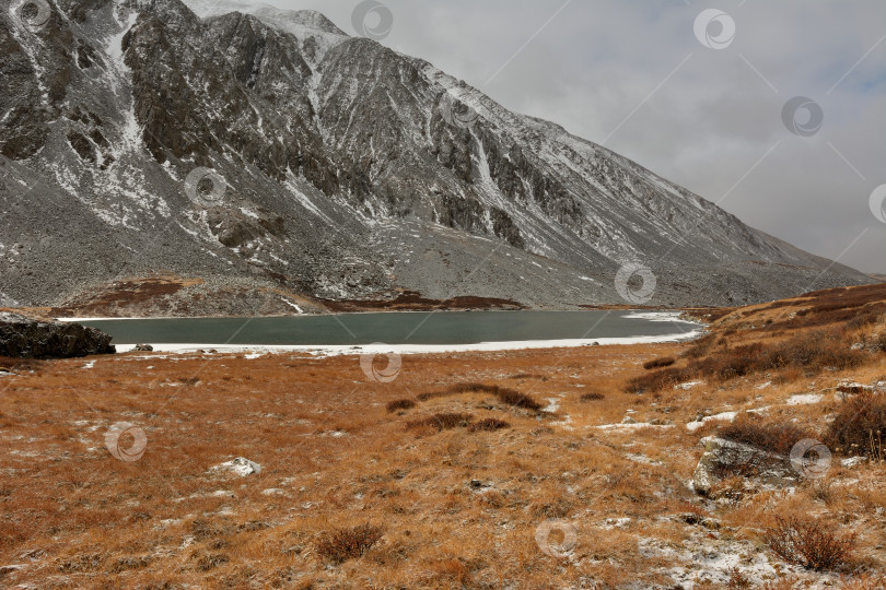 Скачать Небольшое озеро, покрытое льдом вдоль побережья, раскинулось у подножия высокого горного хребта под пасмурным осенним небом. фотосток Ozero
