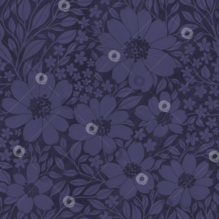 Скачать Цветочный бесшовный узор из темно-фиолетовых цветов и листьев с текстурой фотосток Ozero
