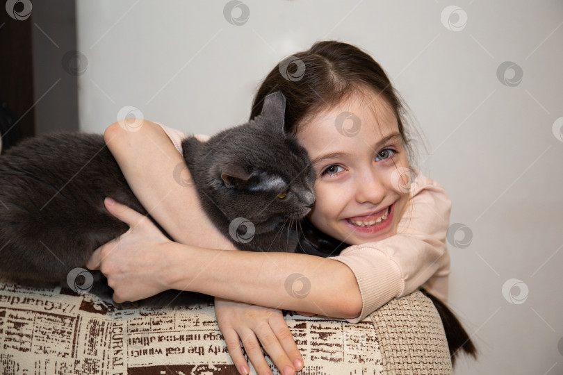 Скачать Маленькая милая девочка обнимает серую кошку и улыбается. Забота и любовь к домашним животным. фотосток Ozero