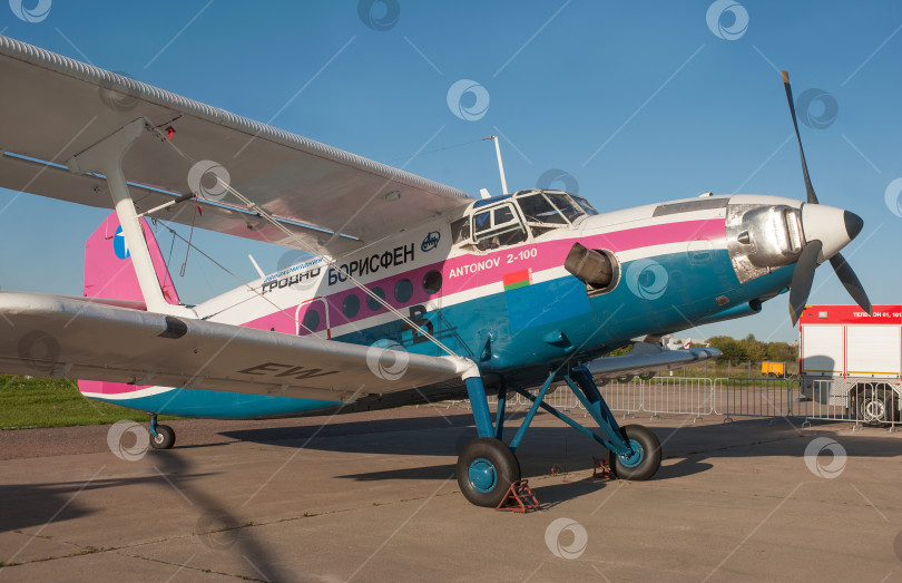 Скачать Одноточечный белороссийский турбовинтовой самолет Ан-2-100 компани "Борисен" (модернизированный Ан-2) борт под номером EW-537CD на авиасалон МАКС-2019, Жуковский, Россия, вид спорта фотосток Ozero