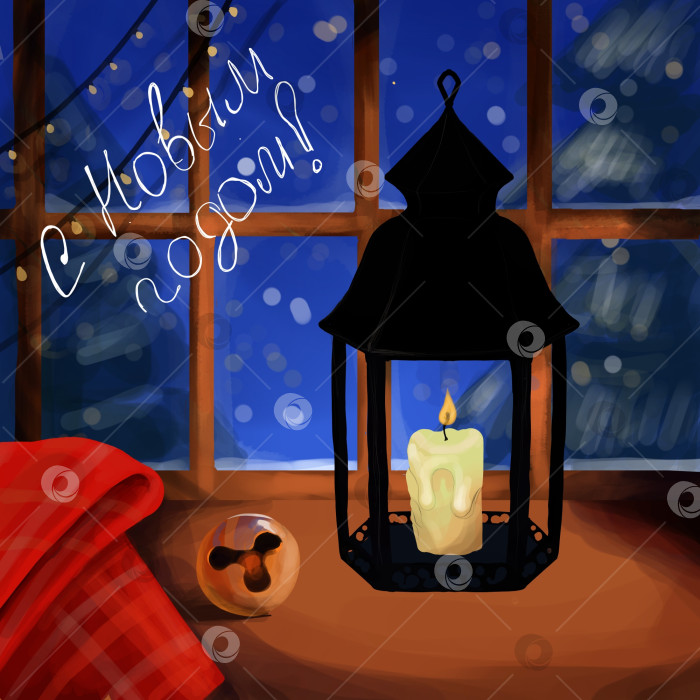 Скачать новогодняя открытка зимний вечер рождественская свеча в подсвечнике огонь бубенцы зимнее заснеженное окно в новогоднюю ночь фотосток Ozero