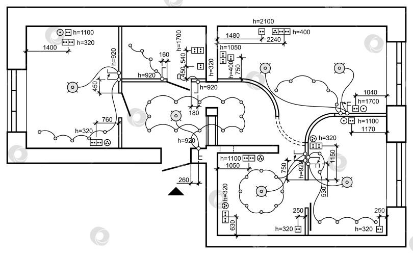 Скачать План разводки освещения. Электрическая схема интерьера. Набор стандартных значков выключателей, электрических обозначений для blueprint. Вектор фотосток Ozero