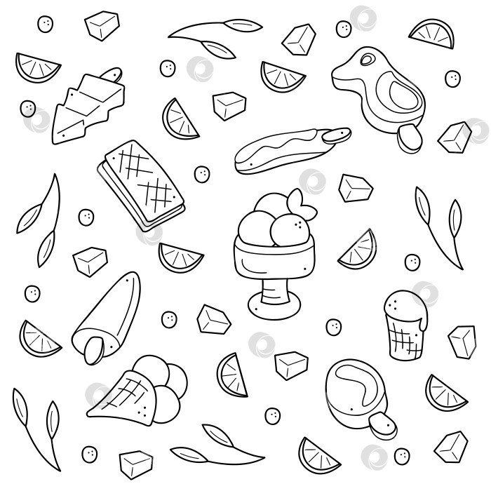 Скачать Набор для рисования с разными видами мороженого. Черно-белая иллюстрация в виде картинки. фотосток Ozero