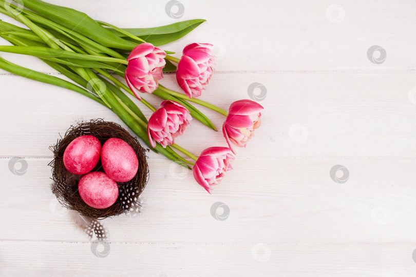 Скачать Пасхальные яйца и букет тюльпанов на белом деревянном фоне фотосток Ozero