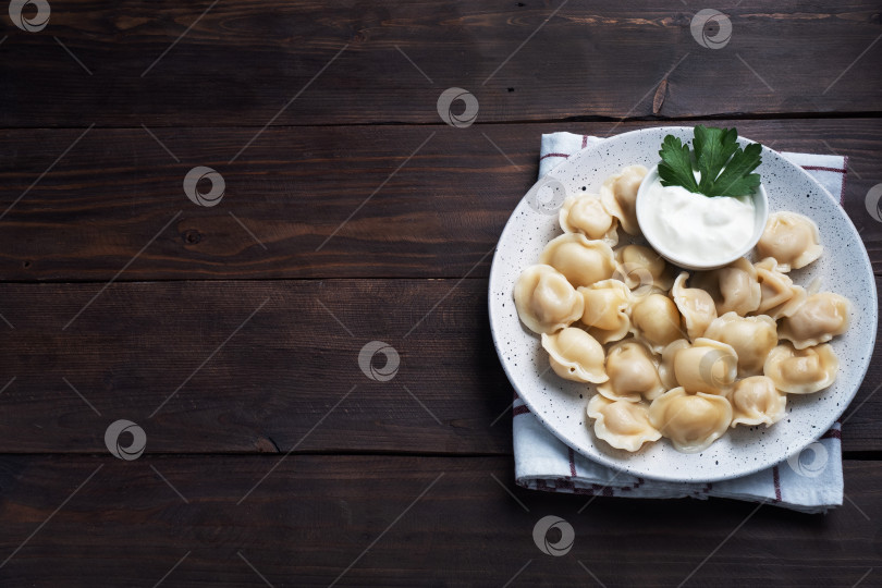 Скачать Традиционные пельмени, равиоли, вареники с мясной начинкой на тарелке, русская кухня. Деревянный фон в деревенском стиле, место для копирования. фотосток Ozero