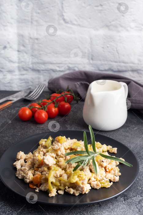 Скачать Тушеный куриный фарш с овощами, цуккини, перцем и специями на черной тарелке. скопировать через пробел. фотосток Ozero