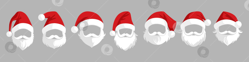 Скачать Набор шапочек Санта-Клауса. Красные шапочки Санта-Клауса с бородой и усами. фотосток Ozero