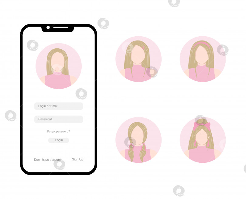 Скачать Набор аватаров с молодой женщиной для страницы входа на экране смартфона фотосток Ozero