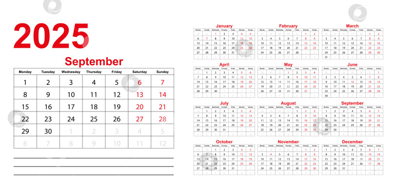 Скачать Классический ежемесячный календарь на 2025 год. Календарь выполнен в стиле минимализма квадратной формы. фотосток Ozero