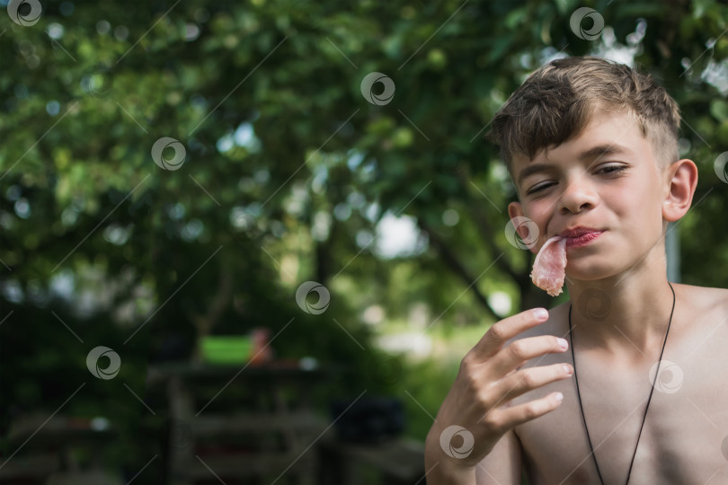 Скачать Маленький мальчик ест мясо на загородном участке фотосток Ozero