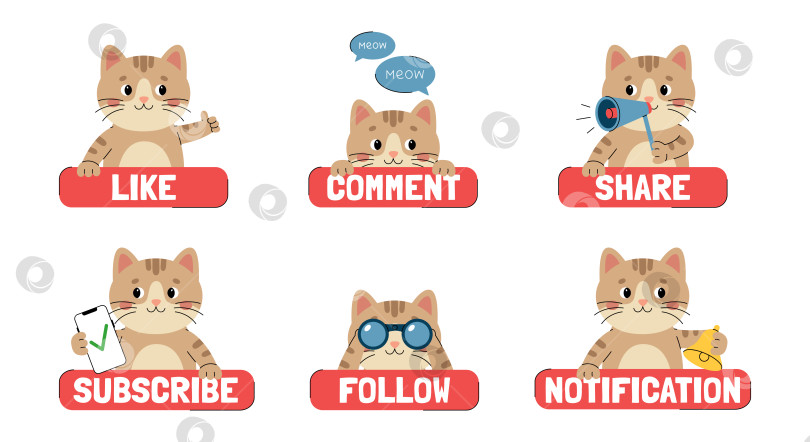 Скачать Стикеры с призывом к действию для социальных сетей с милым кошачьим персонажем. Ставьте лайки, комментируйте, делитесь, подписывайтесь, следите за новостями. Красные кнопки с изображением животных. Векторная иллюстрация, изолированная на белом фоне фотосток Ozero