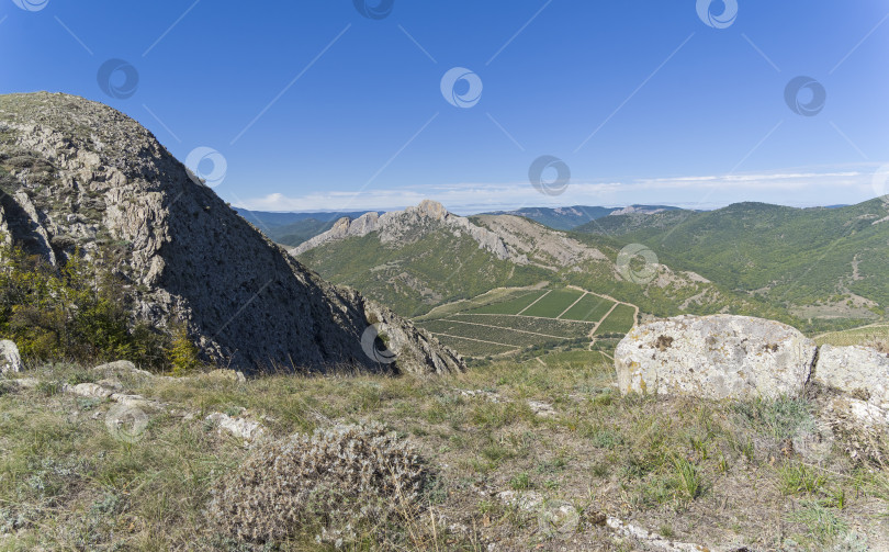 Скачать Вид на виноградники в долине с вершины горного хребта. фотосток Ozero