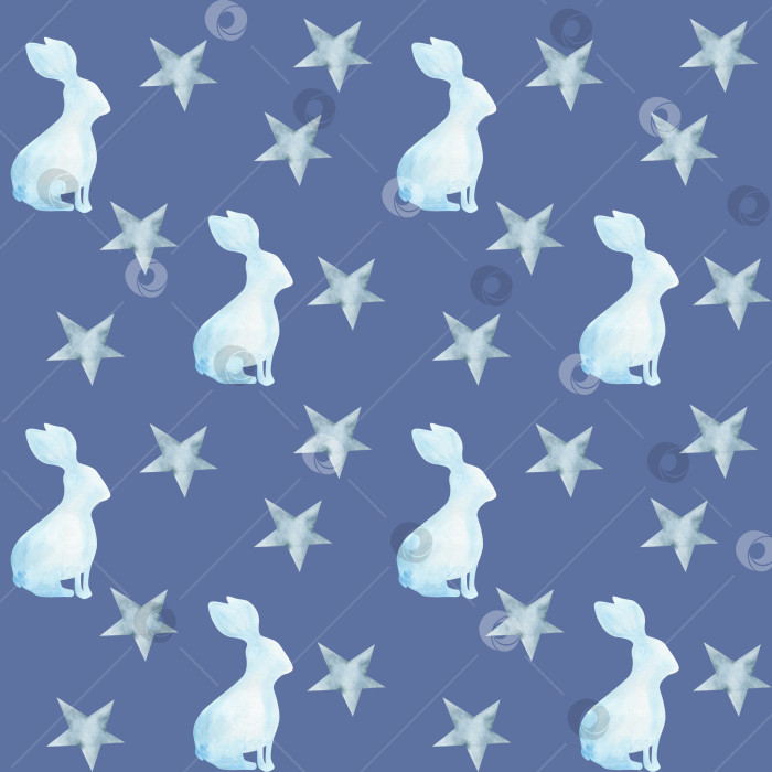 Скачать Абстрактный синий кролик и звезды в монохромном акварельном бесшовном узоре на синем фоне. Нарисованный от руки фон "Рождественские мечты" для декора обоев в детской комнате, оберточной бумаги, текстиля, дизайна тканей фотосток Ozero