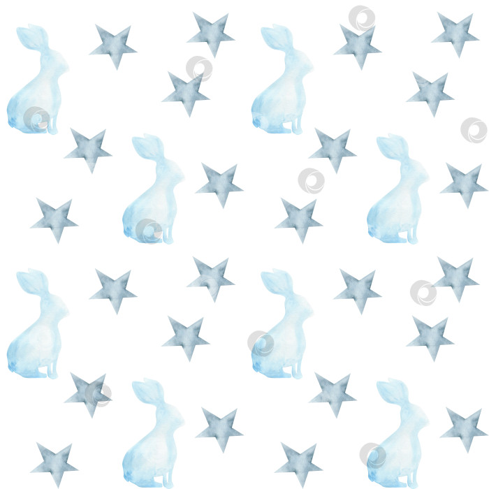 Скачать Абстрактный синий кролик и звезды в монохромном акварельном бесшовном узоре. Нарисованный от руки фон "Рождественские мечты" для декора обоев в детской комнате, оберточной бумаги, текстиля, дизайна ткани фотосток Ozero
