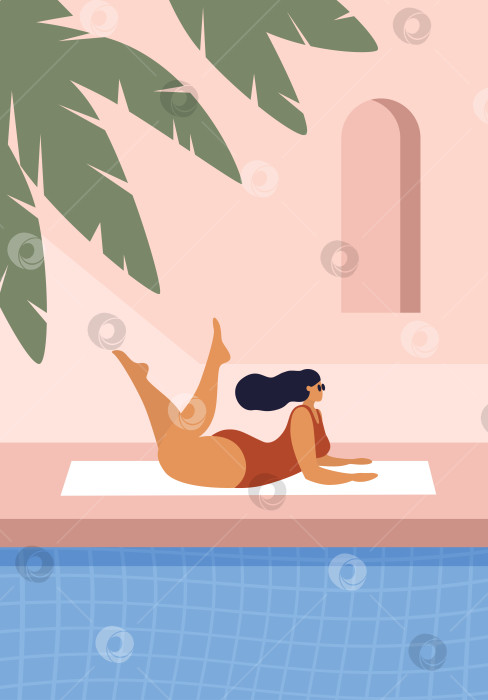Скачать Красивая полная женщина в цельном купальнике лежит под пальмовыми листьями. Загорелая молодая девушка возле бассейна. Летние развлечения на свежем воздухе. Векторные изображения в плоском стиле. фотосток Ozero