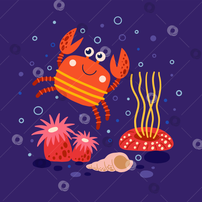 Скачать Симпатичный красный краб ползает среди ракушек и кораллов. Веселое морское животное. Забавный обитатель океана или кораллового рифа. Детская векторная иллюстрация морского дна. фотосток Ozero