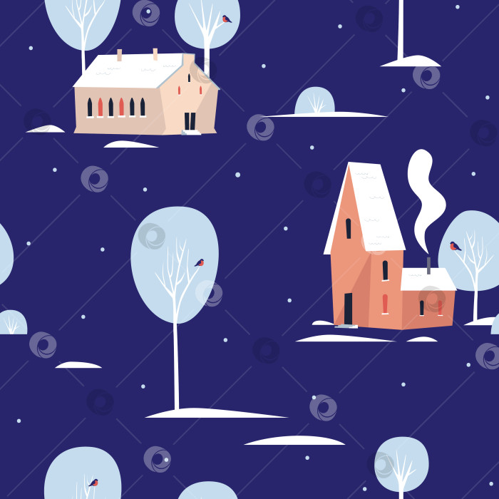 Скачать Бесшовный узор с зимними деревьями и домиками с белыми крышами на голубом фоне. Новогодняя картинка. Можно использовать для украшения праздничных упаковок, оберточной бумаги, текстиля. фотосток Ozero