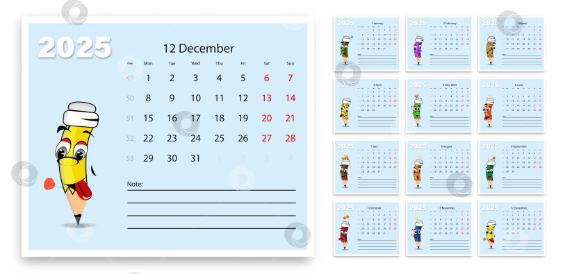 Скачать Календарь с забавными мультяшными персонажами из очеловеченных карандашей. Векторный шаблон с заметками. фотосток Ozero