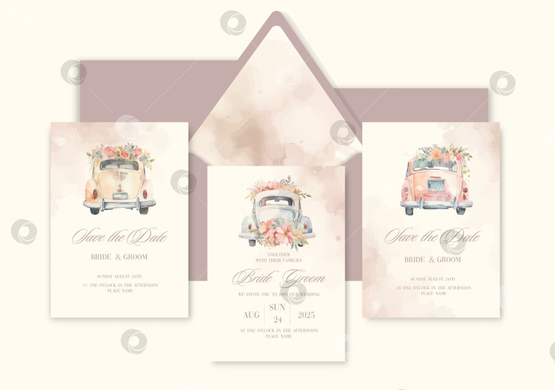Скачать Роскошный фон для свадебного пригласительного билета с акварельным изображением автомобиля молодоженов. фотосток Ozero