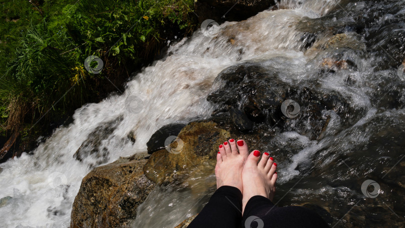 Скачать Ноги с красными ногтями на ногах у горного ручья в окружении пышной зелени. фотосток Ozero