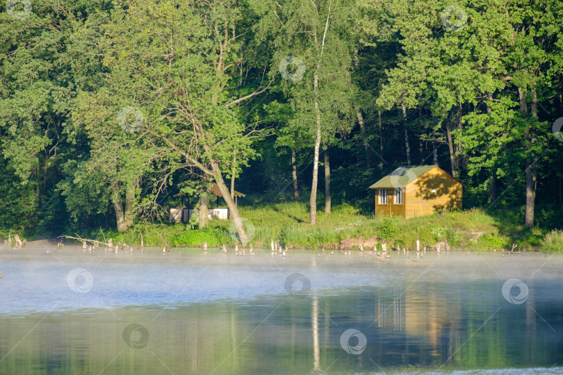 Скачать деревянный дом среди деревьев на берегу реки фотосток Ozero