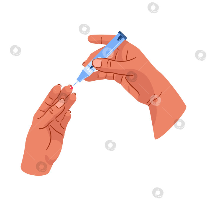 Скачать Всемирный день борьбы с диабетом в ноябре. Человек прокалывает палец ланцетом и следит за уровнем сахара в крови. капли для тестирования на диабет. Медицинский концепт-арт. оборудование. мониторинг здоровья, гаджеты фотосток Ozero