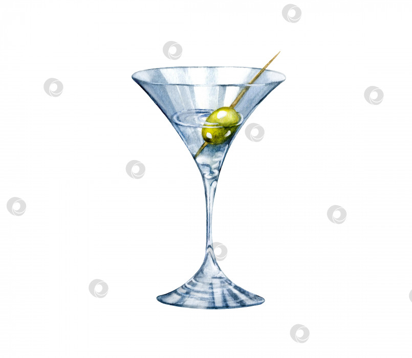 Скачать Акварельная иллюстрация бокала для мартини с оливкой на шпажке. Алкогольный напиток. Выделенный на белом фоне для оформления меню в ресторане, кафе, магазине. фотосток Ozero