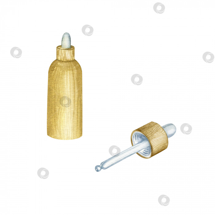 Скачать Деревянная бутылочка с пипеткой. Маленький флакончик с маслом, сывороткой, жидкостью для косметики или лечения. Акварельная иллюстрация, нарисованная от руки, выделена на белом фоне. Дизайн для продукта и рекламы. фотосток Ozero