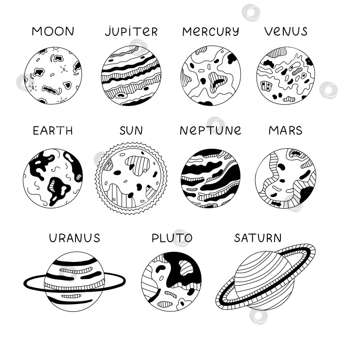 Скачать Черно-белый набор с контурами звезд и планет Солнечной системы. Нарисованные от руки каракули с астрономическими небесными телами для изучения детьми, школьная инфографика, плакат со вселенной. Симпатичные Солнце, Луна, Земля и т.д. фотосток Ozero