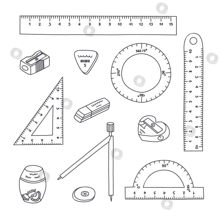 Скачать Симпатичный набор канцелярских принадлежностей back to school с рисунками в виде каракулей. Набор состоит из длинных, круглых, треугольных линеек, транспортира, циркуля, ластиков, точилок. Школьные принадлежности для учебы и работы с нарисованными от руки контурами фотосток Ozero