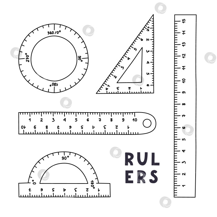 Скачать Симпатичный набор для рисования, состоящий из пластиковых линеек, транспортира, треугольника и циркуля с нарисованными от руки контурами. Инструменты для рисования и измерений. Школьные принадлежности и канцелярские принадлежности для учебы и работы. Векторный клипарт, изолированный фотосток Ozero