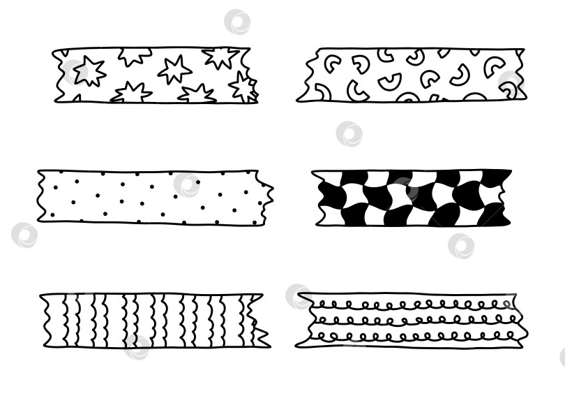 Скачать Набор для рисования каракулями из полосок скотча васи с закорючками, геометрией и милым рисунком. Клейкая лента с черно-белым орнаментом. Модный декоративный скотч с неровными краями для альбомов для вырезок, ежедневников, дизайна. фотосток Ozero