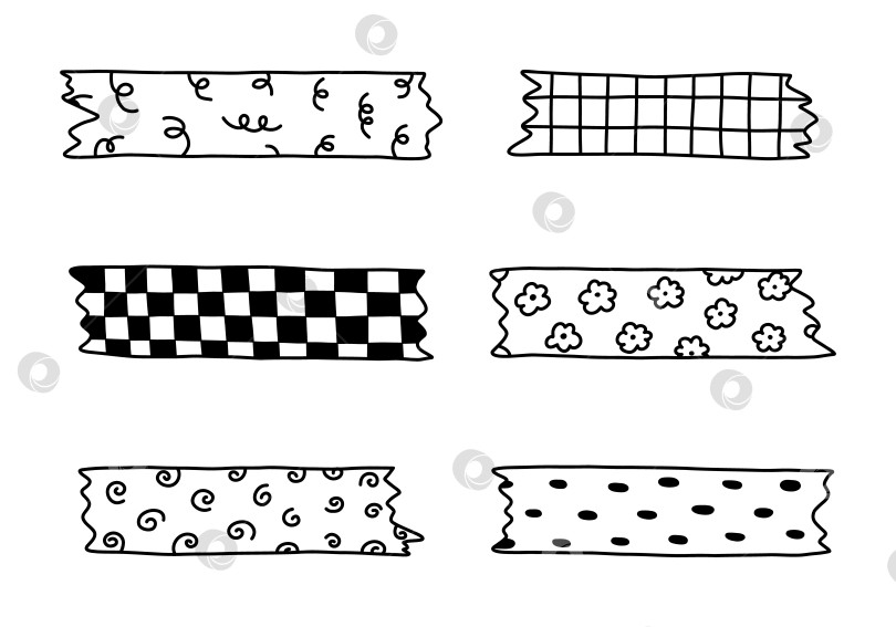 Скачать Набор для рисования каракулями из полосок скотча васи с закорючками, геометрией и милым рисунком. Клейкая лента с черно-белым орнаментом. Модный декоративный скотч с неровными краями для альбомов для вырезок, ежедневников, дизайна. фотосток Ozero