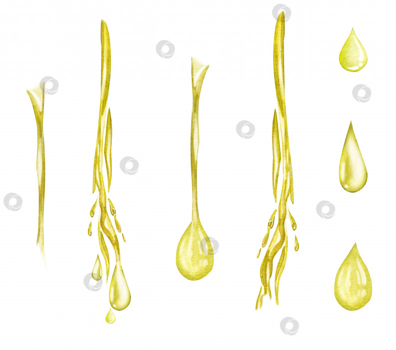Скачать Брызги масла или желтой воды. Изолированный элемент для продукта, упаковки. Акварель реалистично изображает жидкие волны падающего и струящегося апельсинового, мангового или лимонного сока, содовой или меда. фотосток Ozero
