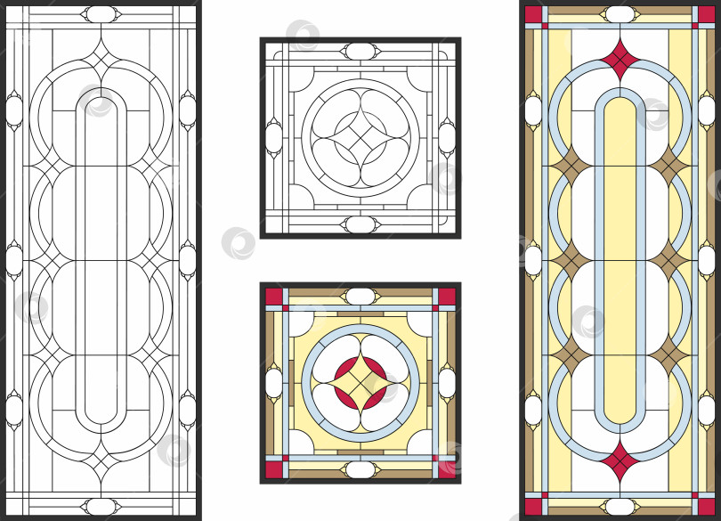 Скачать Набор витражей. Абстрактный геометрический цветочный узор в прямоугольной и квадратной раме / Красочный витраж в классическом стиле для потолочных или дверных панелей, техника Тиффани. Набор векторов фотосток Ozero
