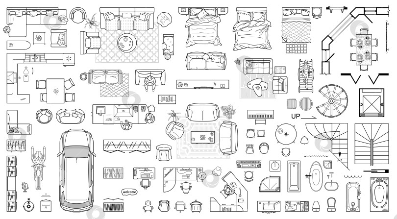 Скачать Набор значков поэтажного плана для дизайна интерьера и архитектурного проекта (вид сверху). Значок тонкой линии мебели на виде сверху для макета. Схема квартиры. Вектор фотосток Ozero