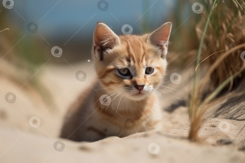 Скачать Котенок на природе на фоне летней дюны. Портрет животного крупным планом. Создан с помощью искусственного интеллекта фотосток Ozero