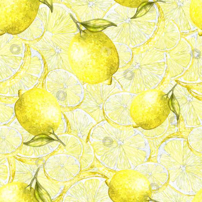 Скачать Ломтики лимона, спелые ярко-желтые фрукты. Бесшовный узор, бесконечный, нарисованный вручную акварелью. Дизайн тканей, кухонных полотенец и скатертей, упаковки, канцелярских принадлежностей фотосток Ozero