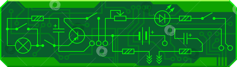 Скачать Электрическая схема радиоустройства (сопротивление, транзистор, диод, конденсатор, катушка индуктивности). Векторный фон фотосток Ozero