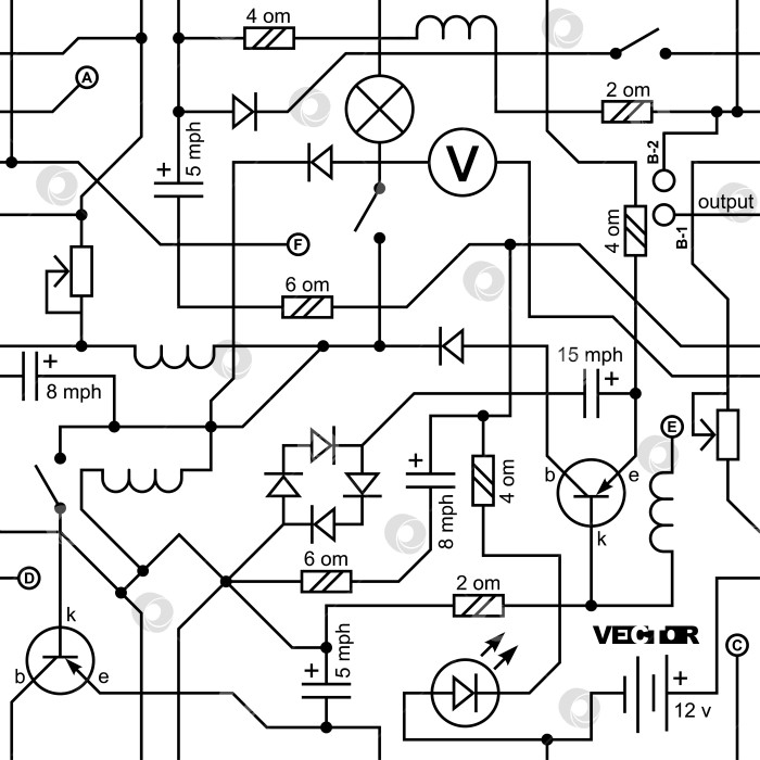 Скачать Электрическая схема радиоустройства (сопротивление, транзистор, диод, конденсатор, катушка индуктивности). Векторный бесшовный фон фотосток Ozero