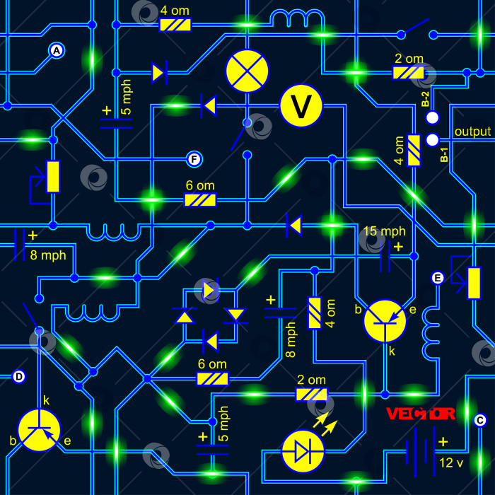 Скачать Векторный бесшовный фон электрической схемы радиоустройства (сопротивление, транзистор, диод, конденсатор, катушка индуктивности). фотосток Ozero
