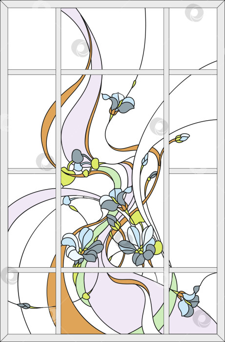 Скачать Витражное панно в прямоугольной раме, цветочная композиция из бутонов и листьев в стиле модерн фотосток Ozero