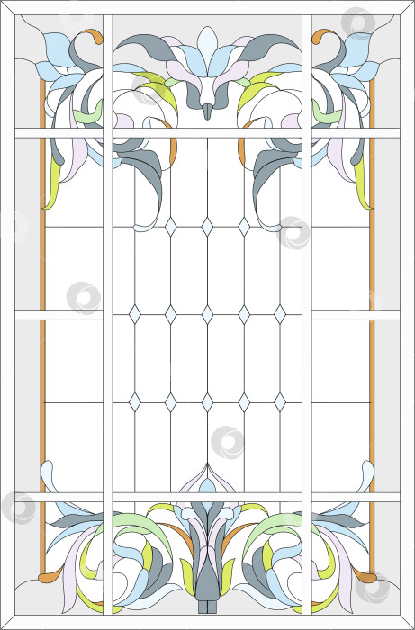 Скачать Витражное панно в прямоугольной раме, абстрактная цветочная композиция из бутонов и листьев в стиле модерн фотосток Ozero