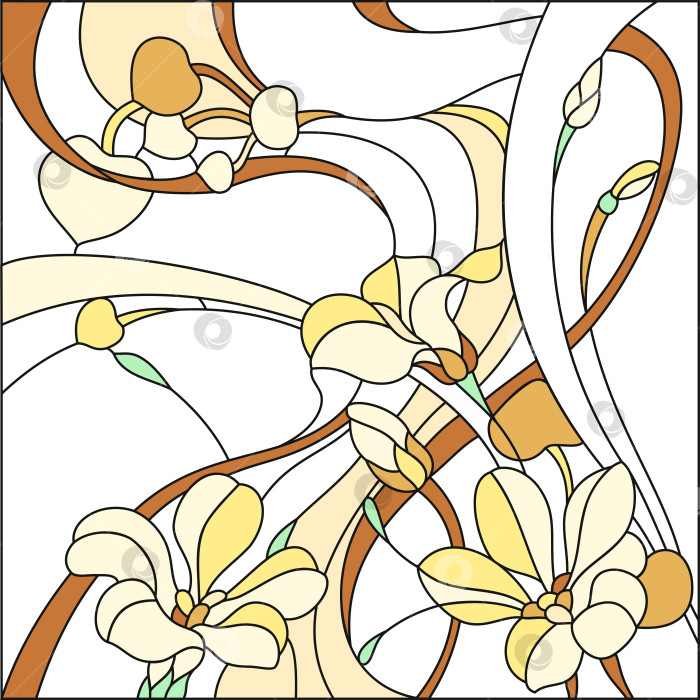 Скачать Витраж в квадратной раме, абстрактная цветочная композиция из бутонов и листьев в стиле модерн фотосток Ozero